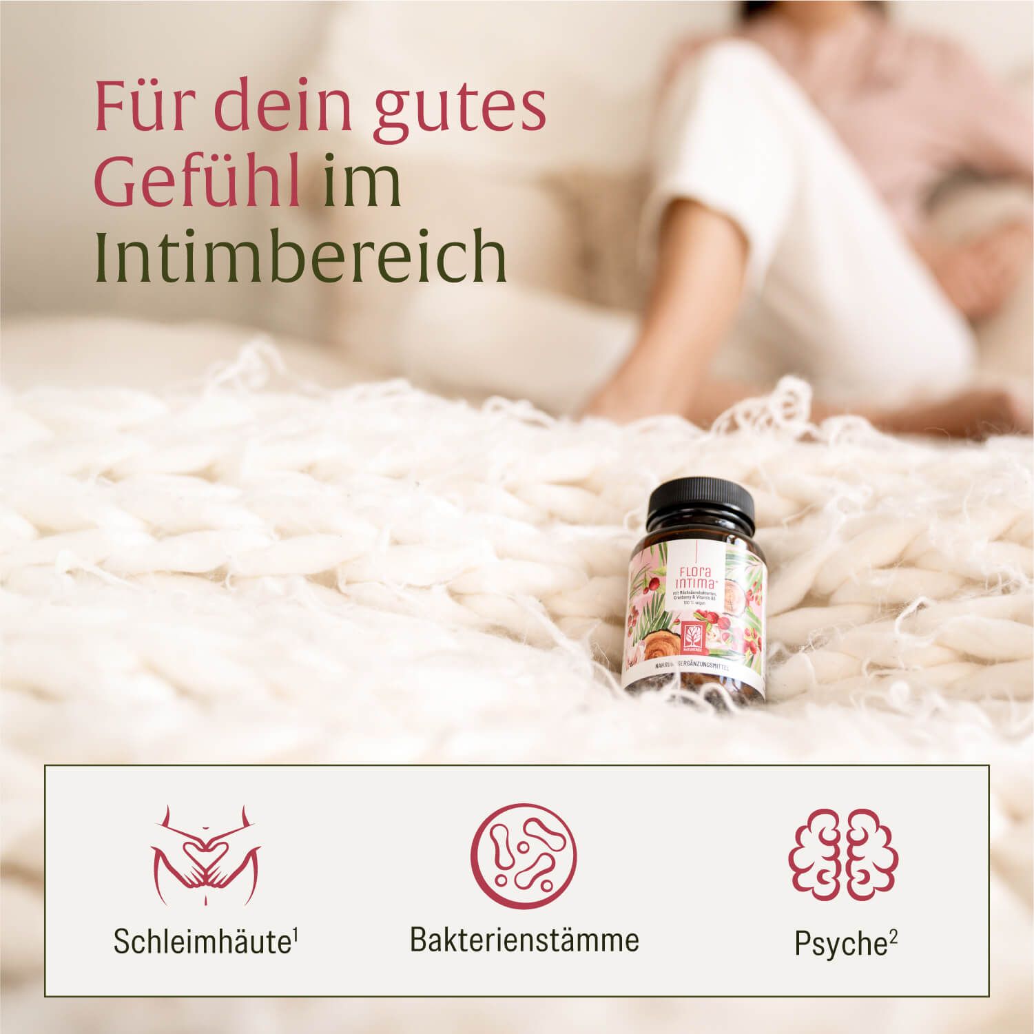 Flasche Flora Intima mit Milchsäurebakterien, Cranberry & Vitamin B3, 100% vegan.