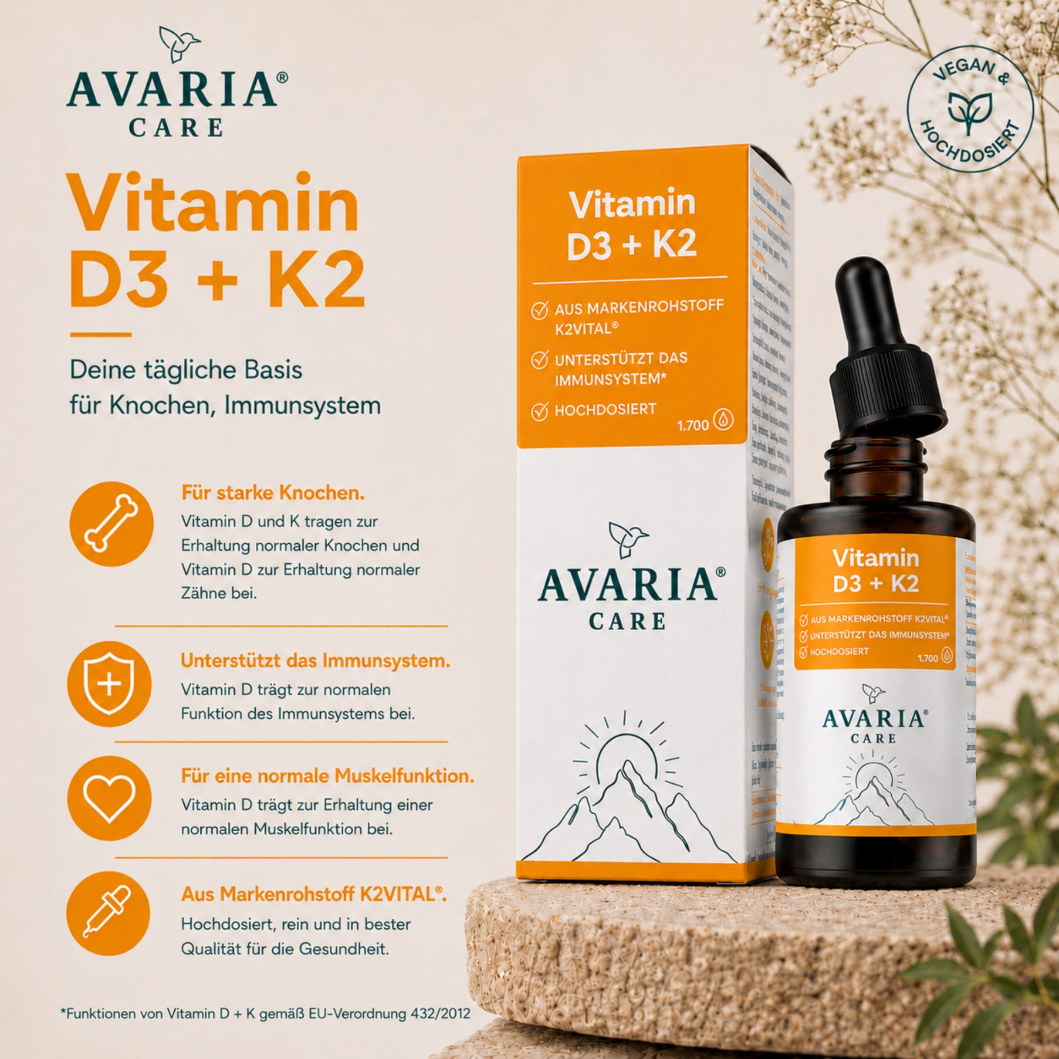 Produktflasche und Verpackung. Aufschrift: Vitamin D3 + K2. Text: Für Knochen, Immunsystem. Logo: AVARIA CARE. Vegan-Siegel.