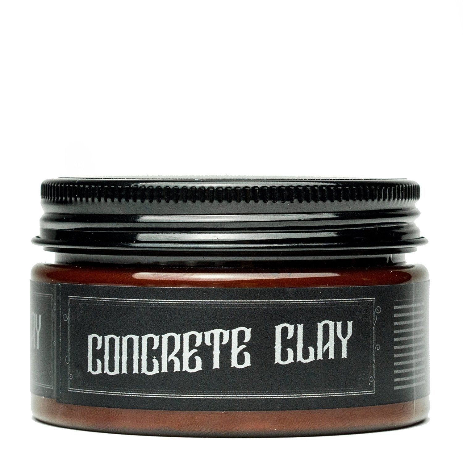 Brauner Tiegel mit schwarzem Deckel, beschriftet mit "CONCRETE CLAY".