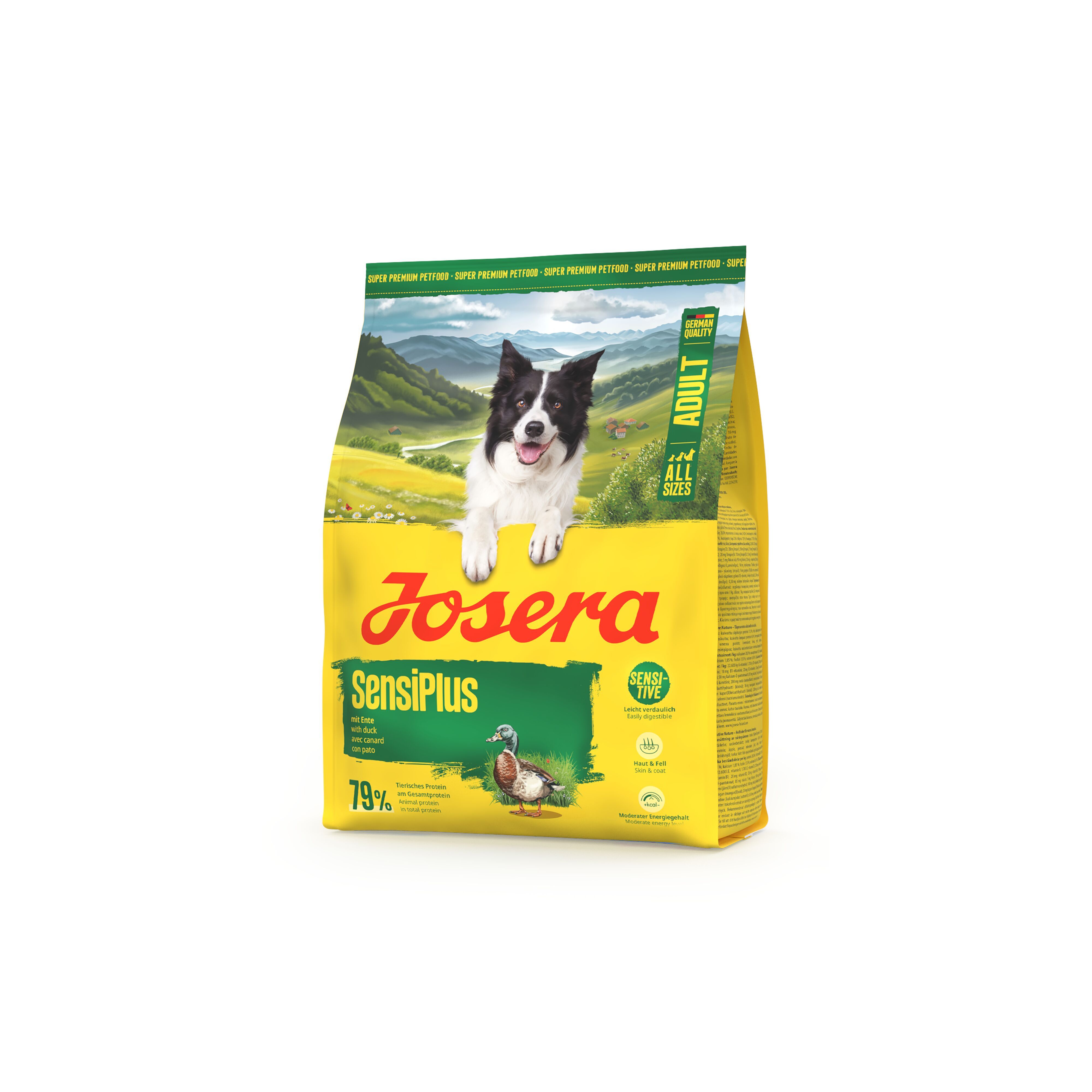 Gelbe Verpackung mit JOSERA SensiPlus. Ein Hund und eine Ente sind abgebildet. Text: Adult, 79%.