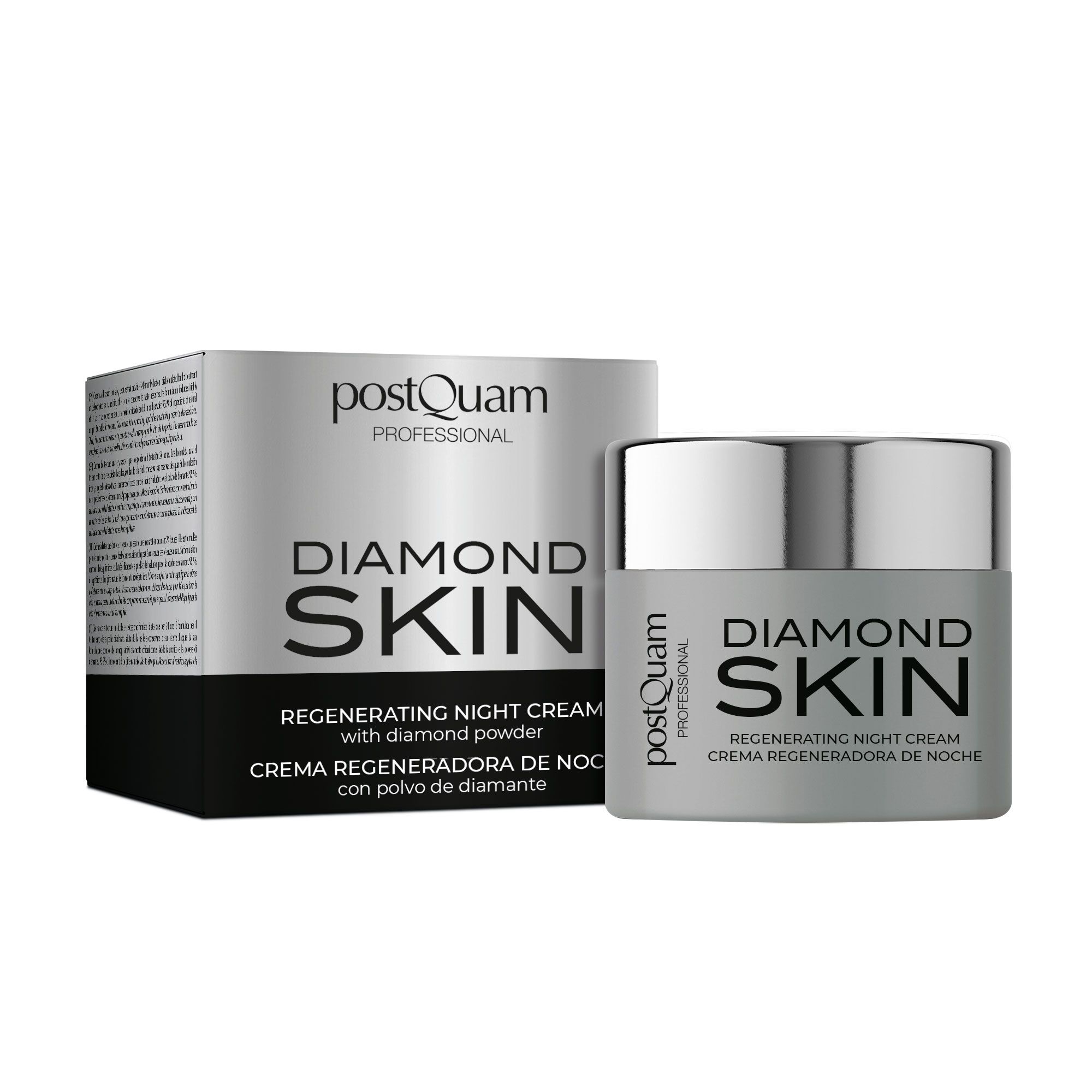 Creme-Dose und Schachtel. Aufschrift: Diamond Skin, Regenerating Night Cream. Marke: postQuam Professional.