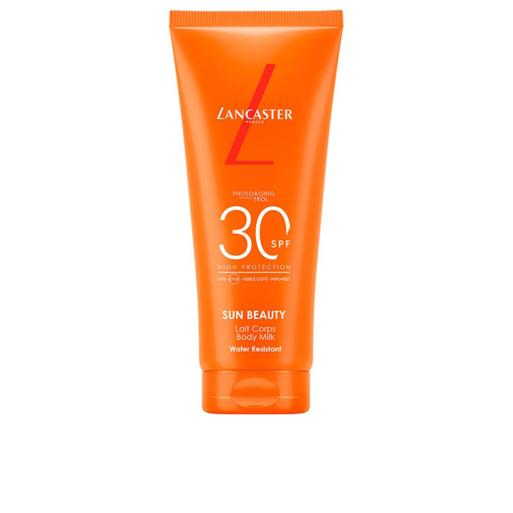 Orange Tube mit weißem Text. Marke Lancaster, SPF 30. Sun Beauty Lait Corps Body Milk. Wasserfest.