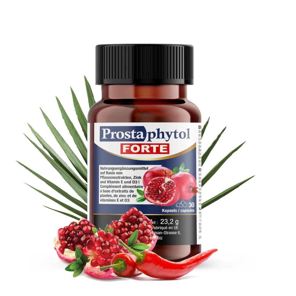 Braune Flasche mit schwarzem Deckel. Aufschrift: Prostaphytol Forte. Abbildung von Granatäpfeln und Chilis. 30 Kapseln.
