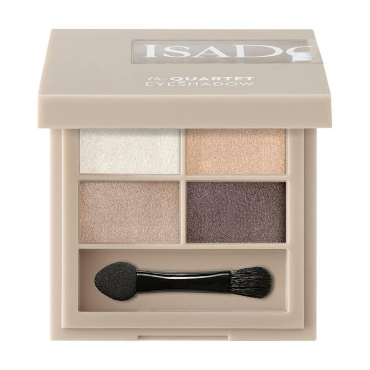 Lidschatten-Quartett von IsaDora. Beige Palette mit vier Farben und Applikator. Produktname und Marke sichtbar.