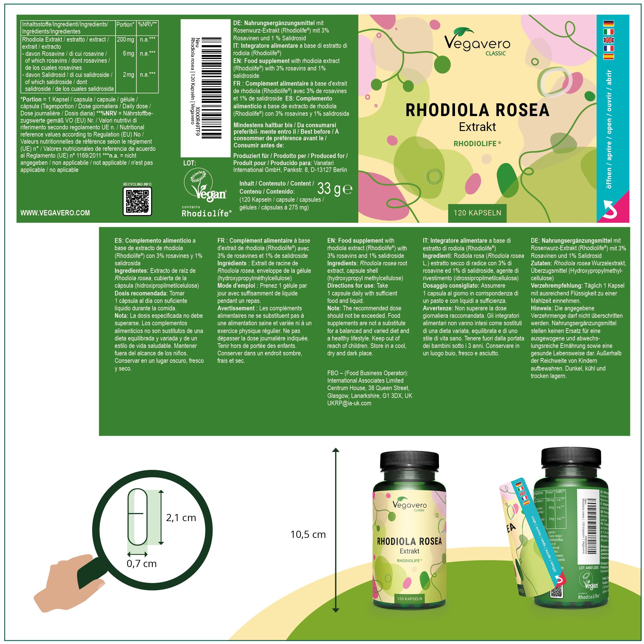 Produktverpackung mit Flasche und Etikett. Etikett mit Produktinformationen. Kapsel-Größenvergleich: 2,1 x 0,7 cm.