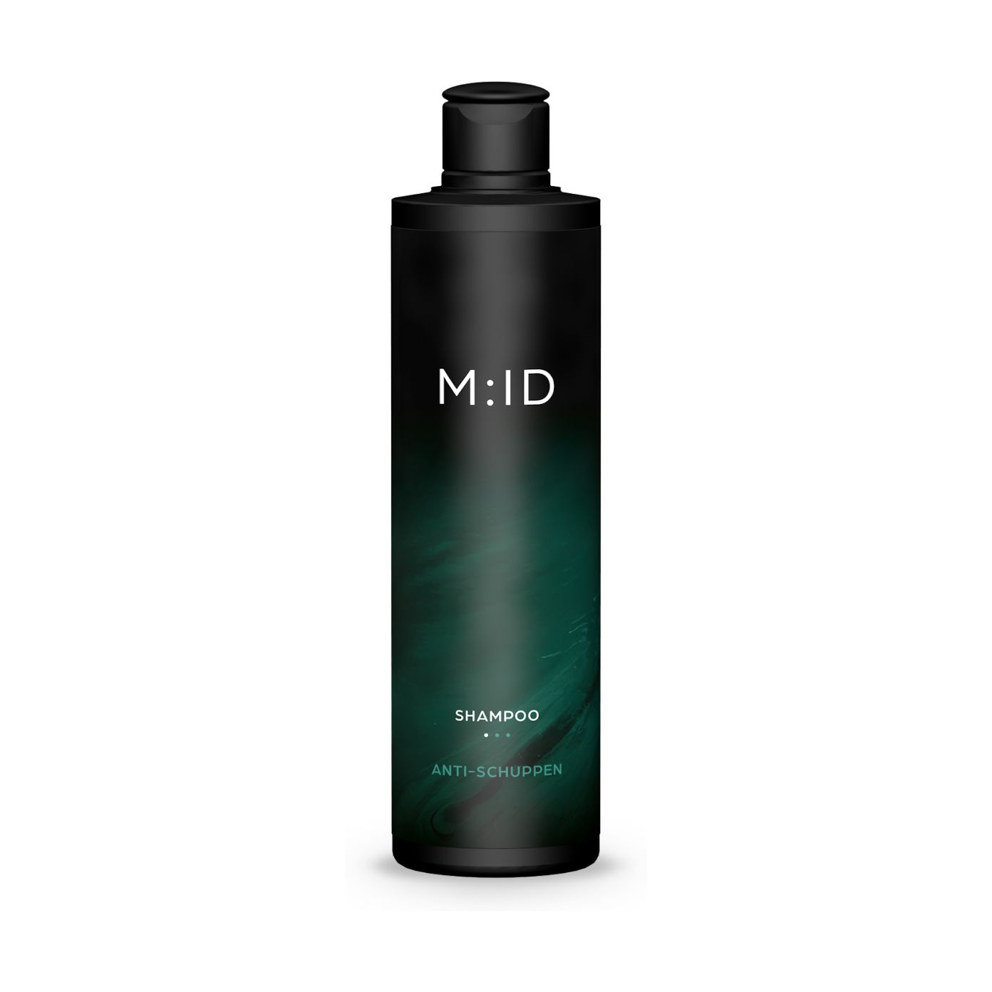 Schwarze Shampoo-Flasche mit weißem "M:ID"-Logo. Darunter "SHAMPOO" und "ANTI-SCHUPPEN" in Weiß. Grüne Farbverläufe.