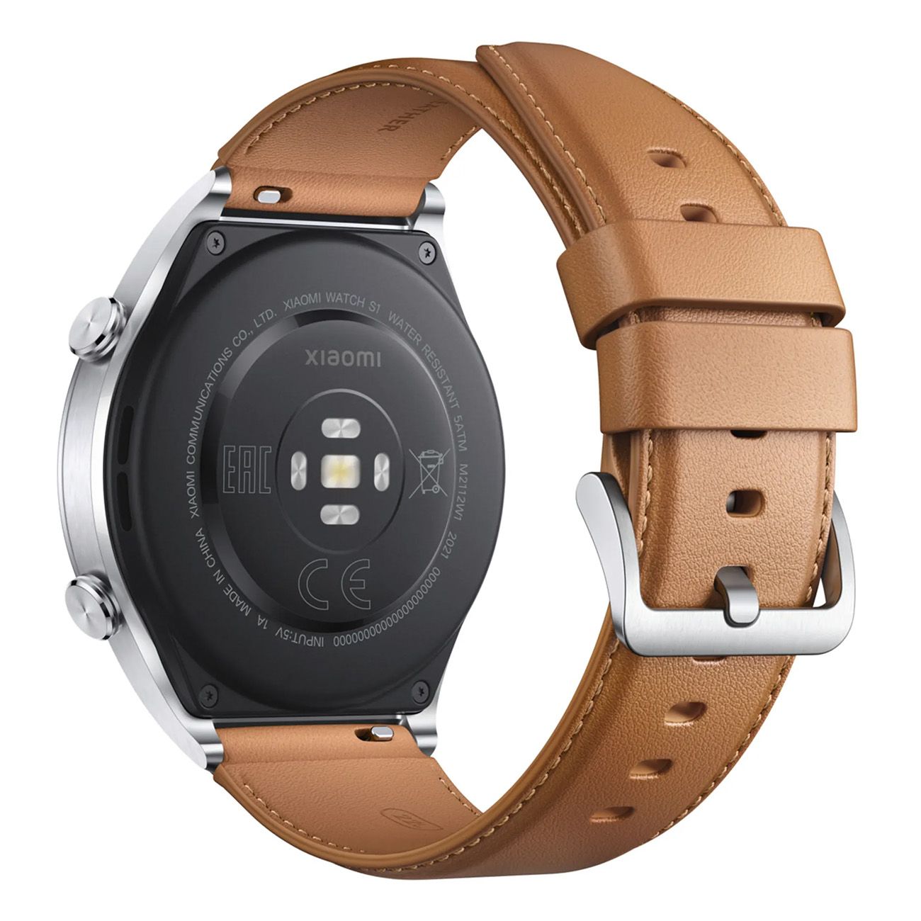 Rückseite der Smartwatch mit braunem Lederarmband. Sensor und Herstellerinformationen auf der Rückseite.