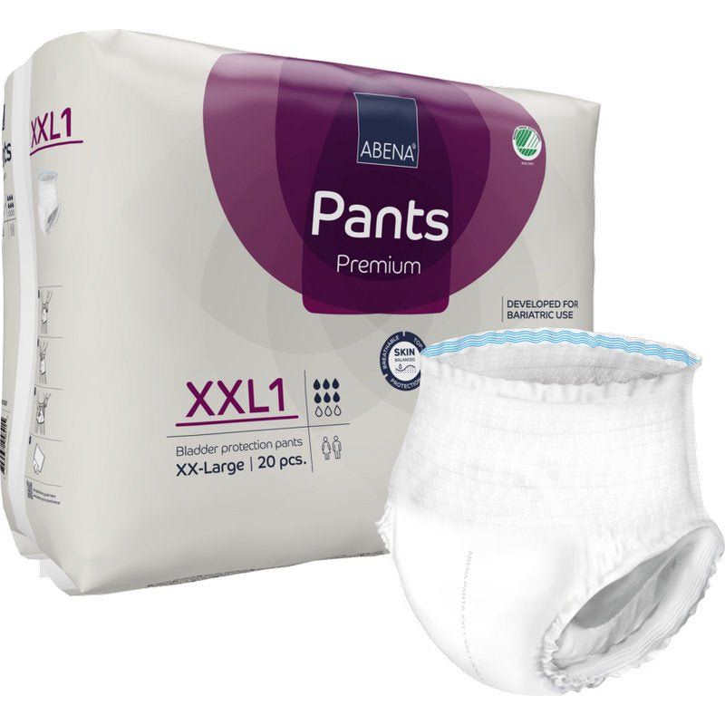 Abena Pants Premium XXL1. Weiße Inkontinenzhose neben Verpackung. Verpackung mit Logo, Produktbezeichnung und Zertifizierung.