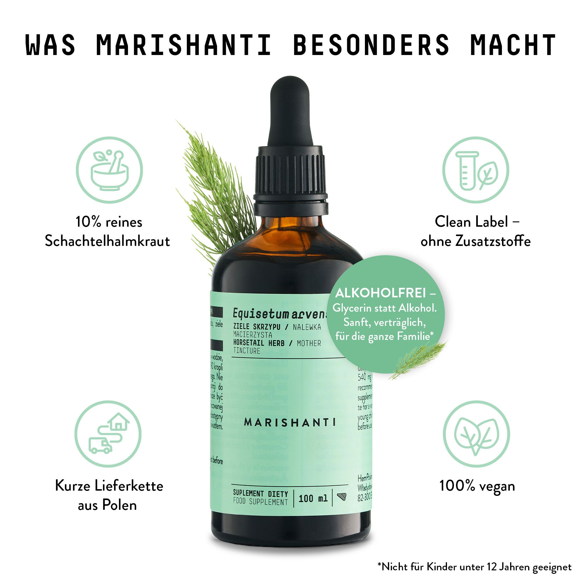 Braune Flasche mit Tropfer. Aufschrift Marishanti. Text: alkoholfrei, 100% vegan, Clean Label. Icons.