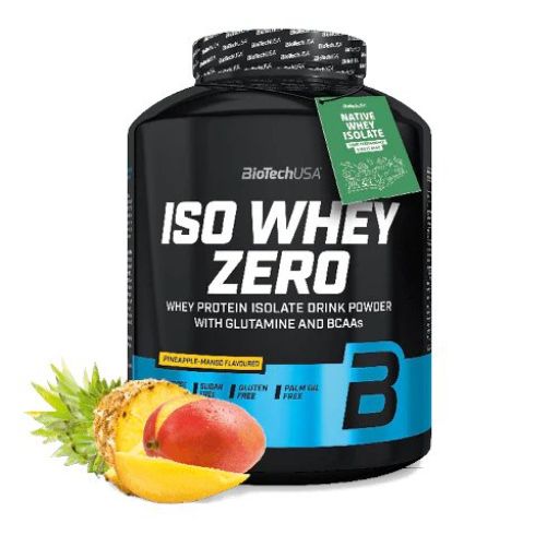Schwarze Dose BiotechUSA ISO WHEY ZERO. Ananas-Mango-Aroma. Grünes Etikett 'Native Whey Isolate'.
