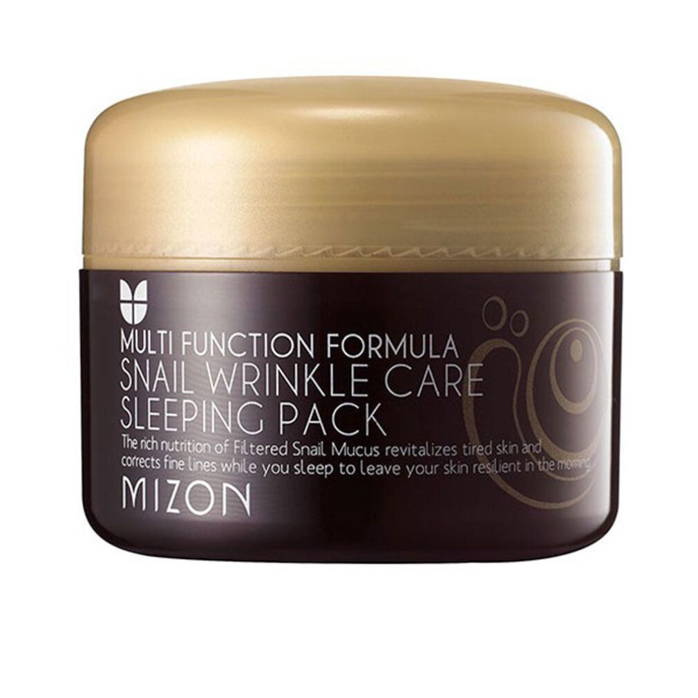 Braune Dose mit goldenem Deckel. Aufschrift: Multi Function Formula, Snail Wrinkle Care Sleeping Pack, Mizon.