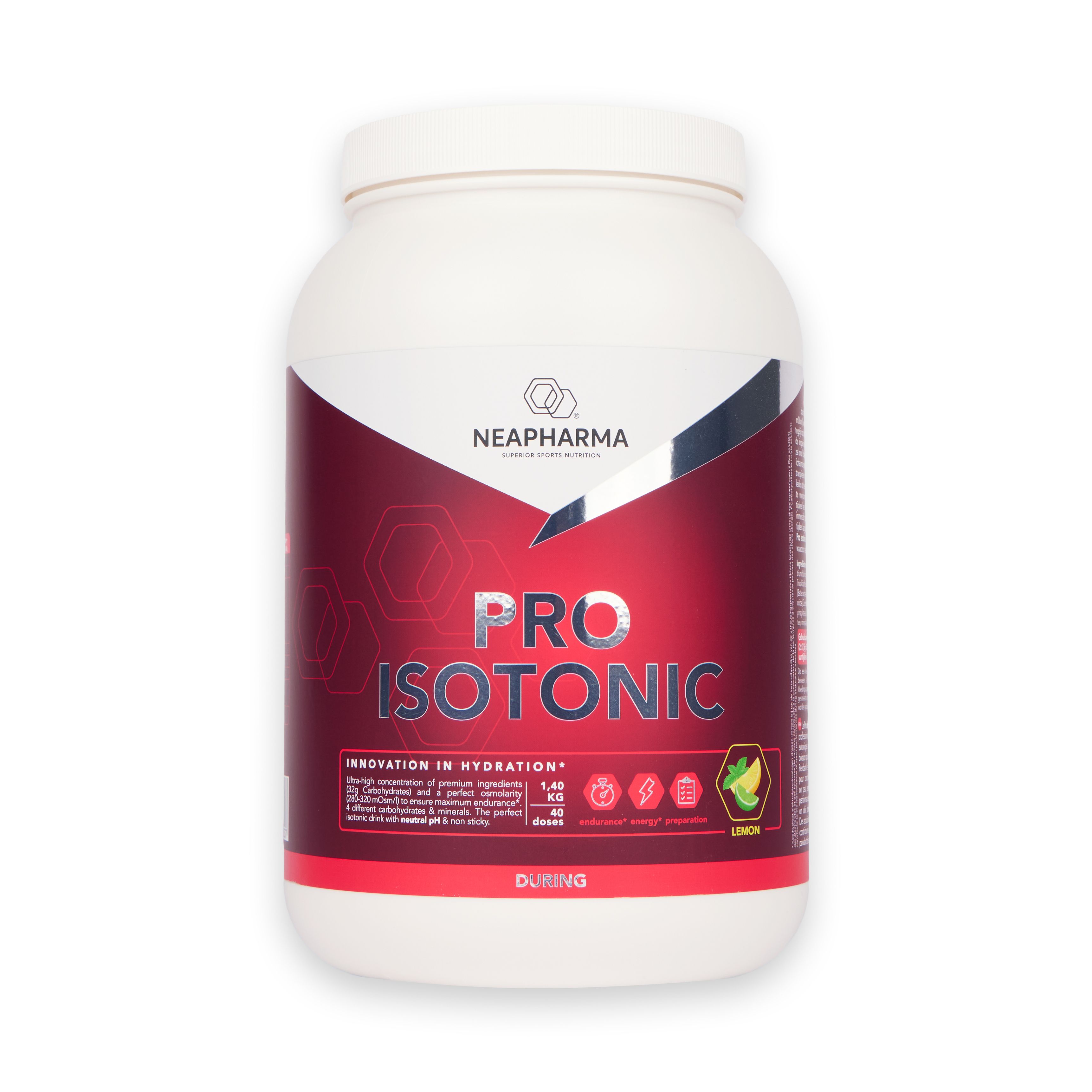 Weißes Produktgebinde mit rotem Etikett. Aufschrift: Pro Isotonic. Marke: Neapharma. Mit Logo und Produktinformationen.