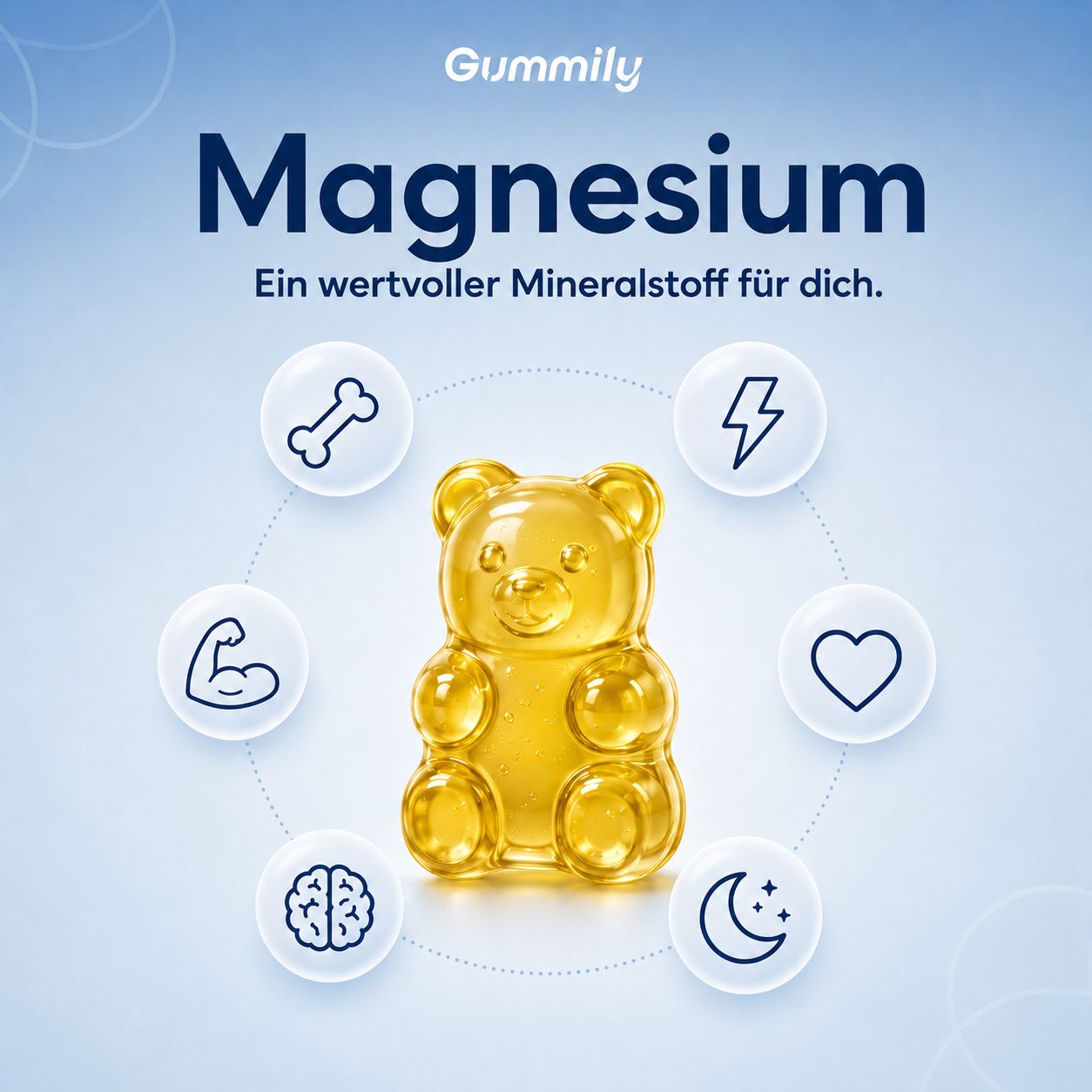 Ein Gummily Magnesium Citrat Gummibärchen umgeben von Icons.