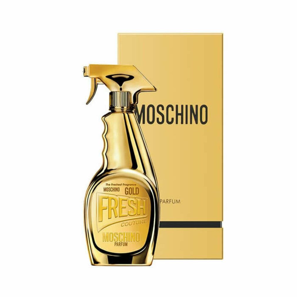 Flacone spray dorato con scritta FRESH COUTURE e MOSCHINO. Confezione dorata con logo MOSCHINO.