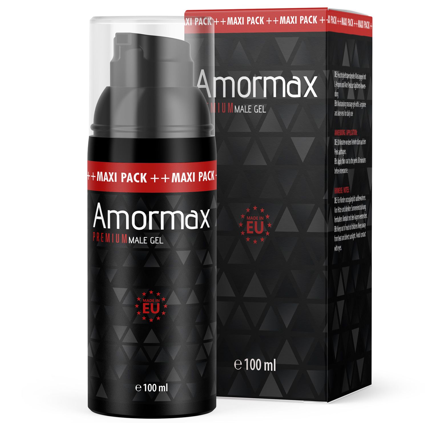 Amormax Premium Male Gel Flasche und Verpackung. Schwarze Flasche mit Pumpe, roter Schrift. EU-Zertifizierung. Schwarze Verpackung mit Produktnamen.