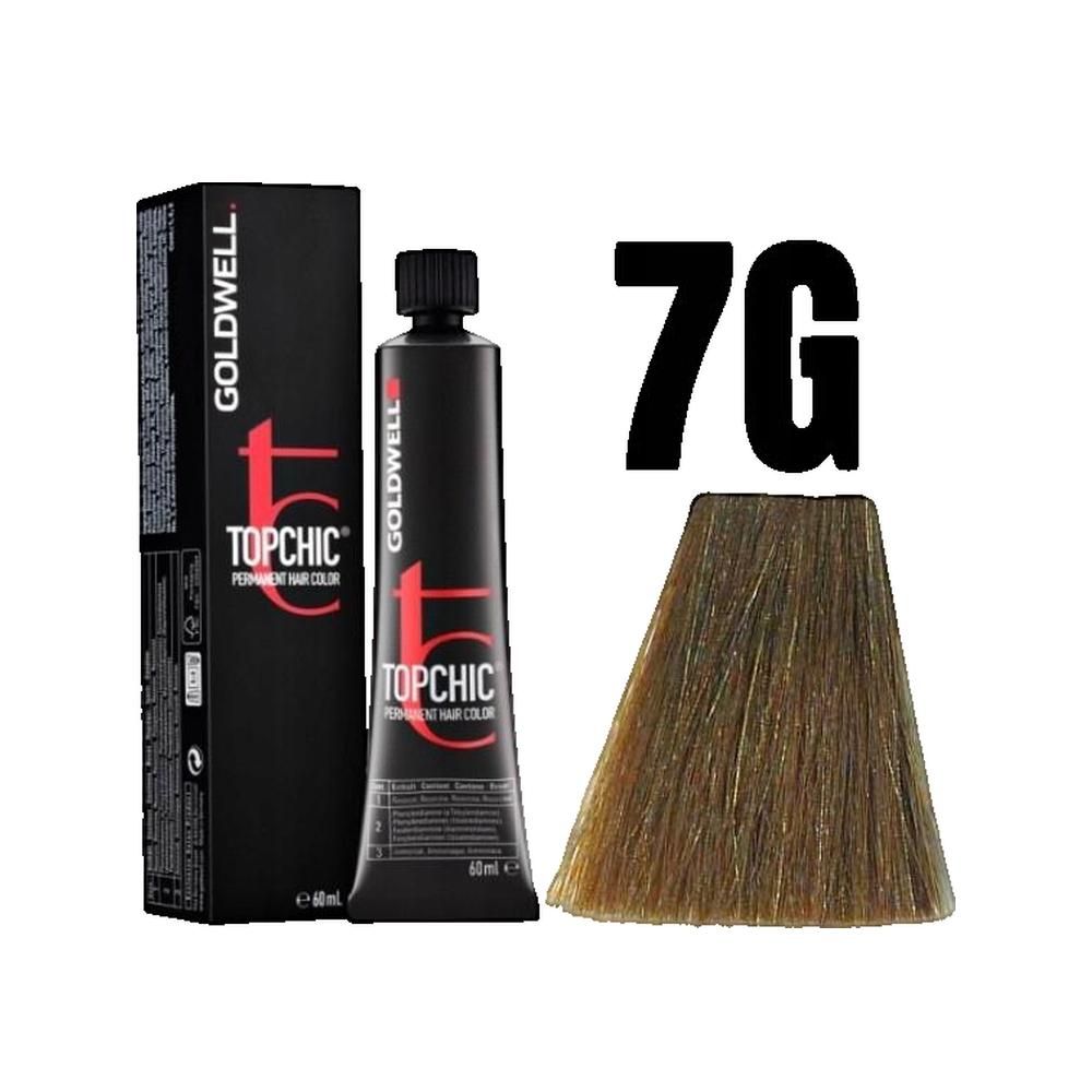 Goldwell Topchic Haarfarbe, Tube und Verpackung. Farbton 7G, Haarsträhne. Schwarze Tube, schwarze Verpackung mit roter Schrift.