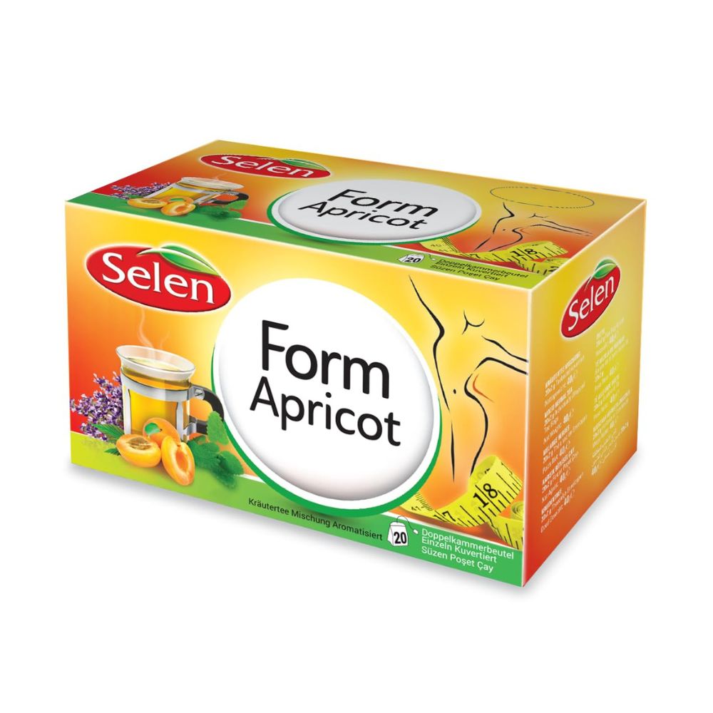 Verpackung von SELEN Form Aprikose Tee. Aufschrift "Form Aprikose". Abbildung von Aprikosen und Teetasse. Grün-gelbe Verpackung.