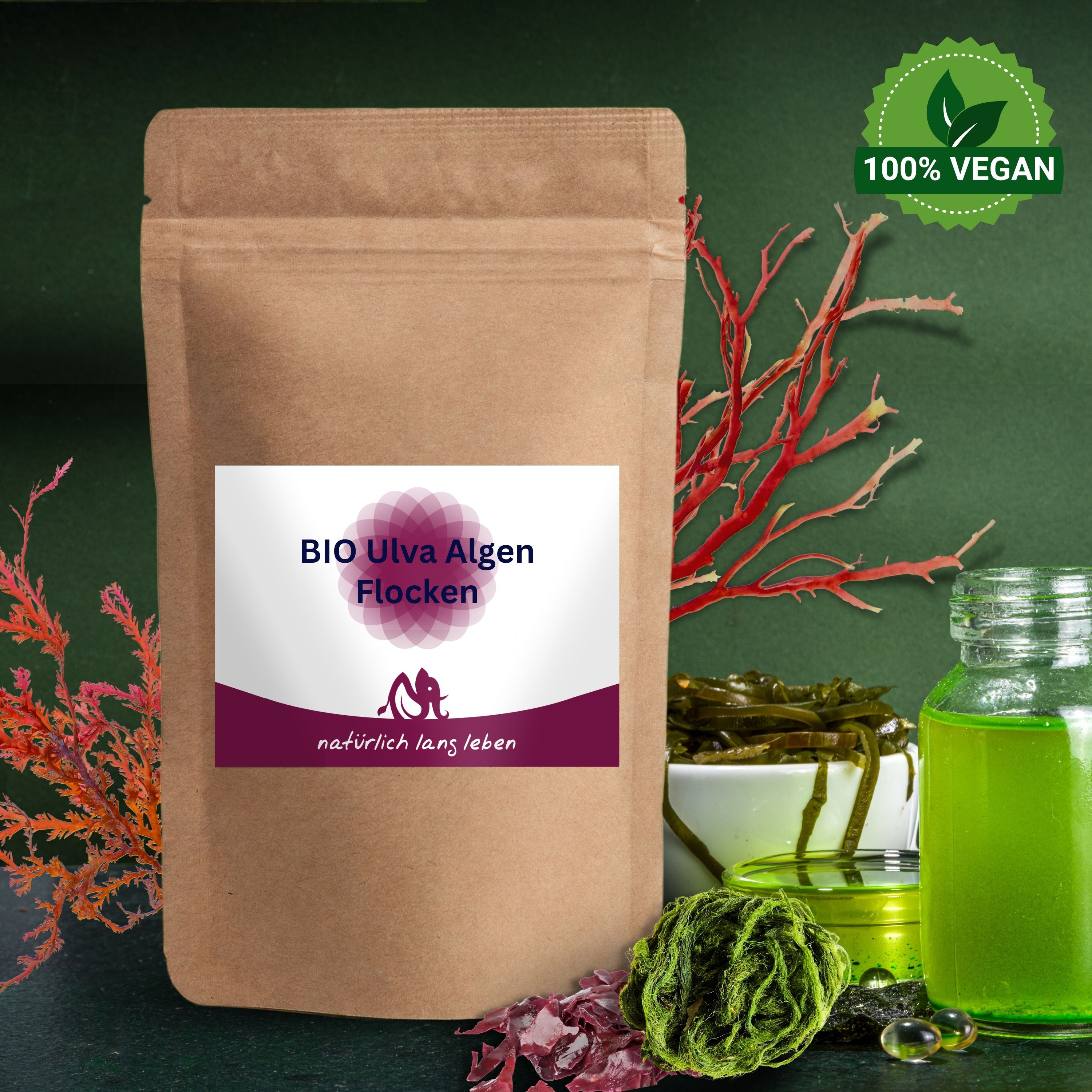 Braune Tüte mit Etikett: BIO Ulva Algen Flocken. Logo: Blüte, Schriftzug. 100% vegan. Hintergrund: Algen, Glasflasche.