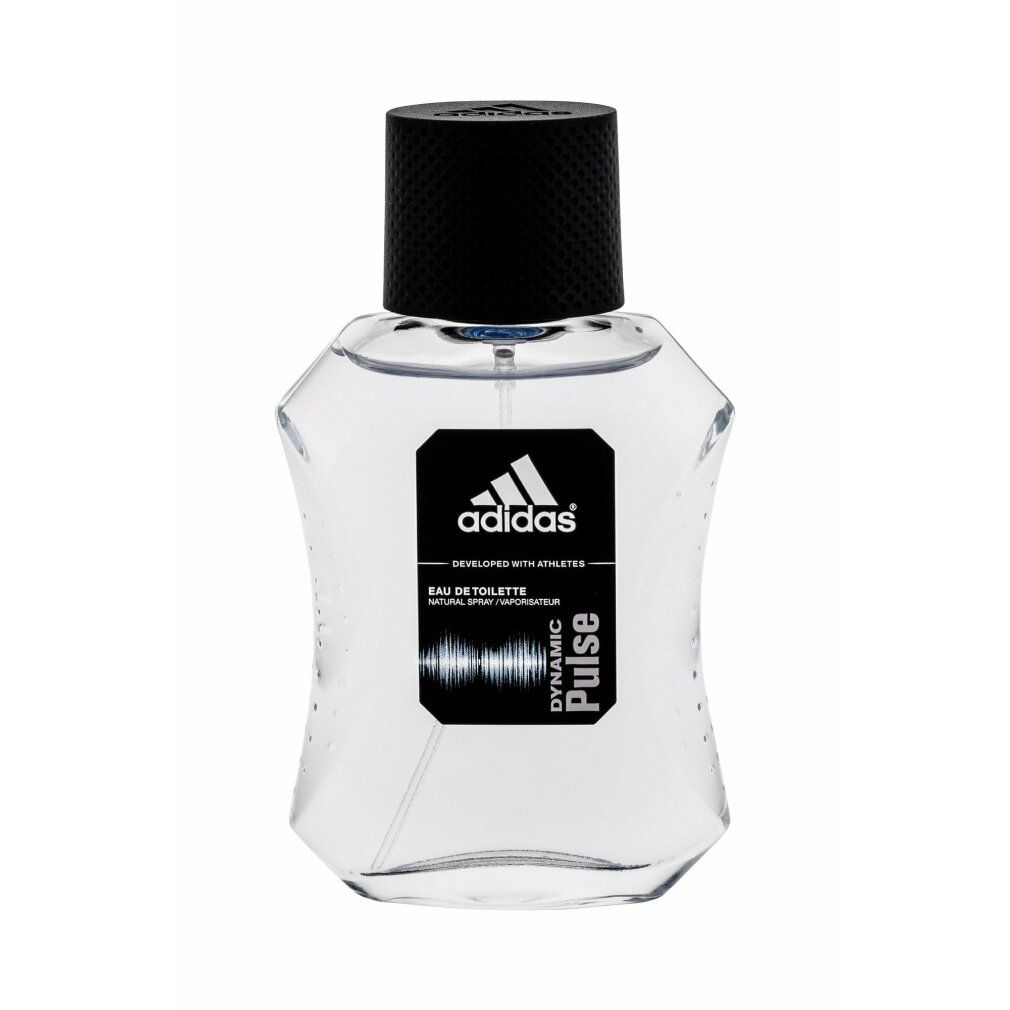 Adidas Dynamic Pulse Eau de Toilette. Klarer Flakon mit schwarzem Verschluss. Schwarzes Etikett mit Logo und Produktnamen.