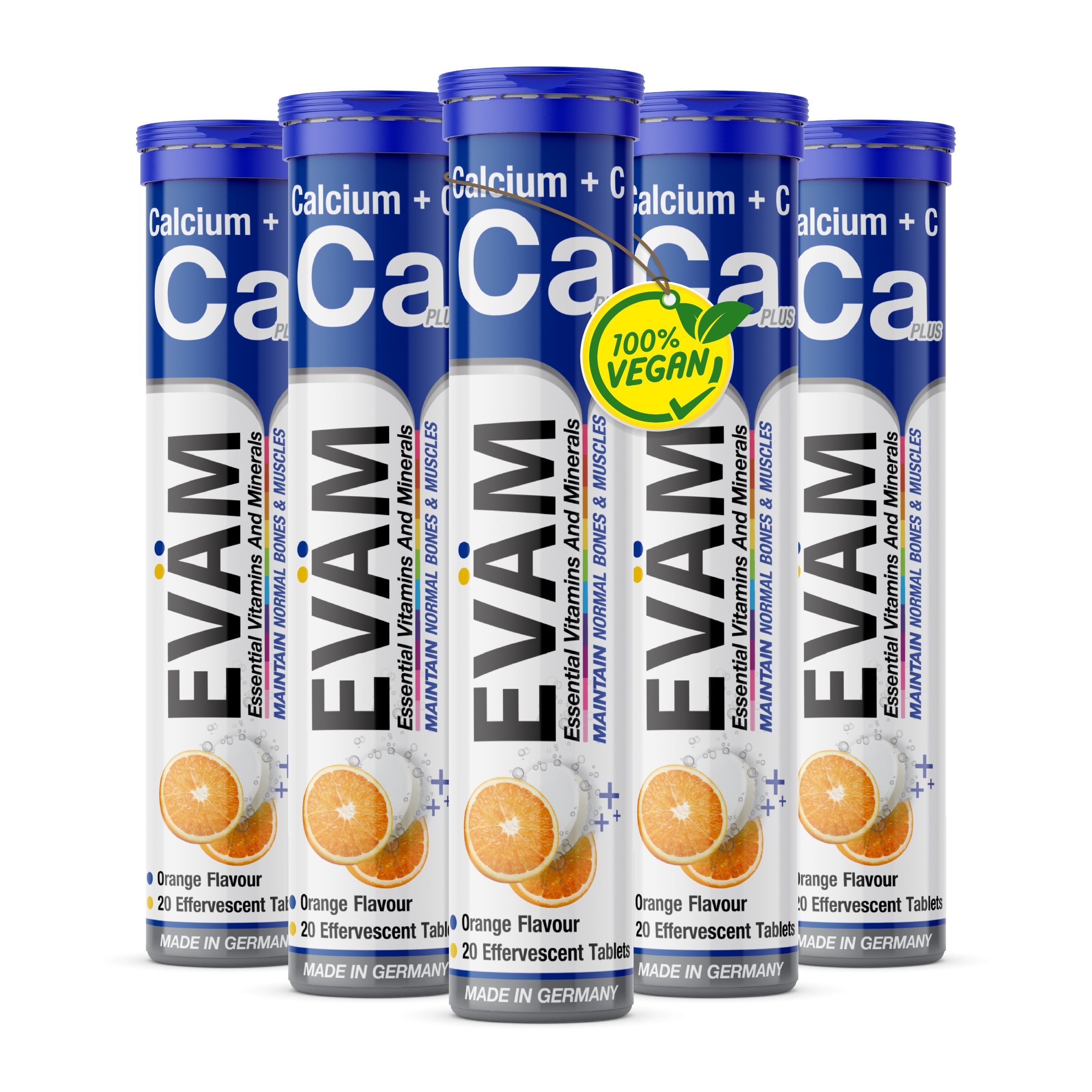 Fünf Tuben EVÄM Calcium + Vitamin C Brausetabletten. Blaue Deckel, weiß-blaue Etiketten. Vegan-Siegel. Orangen-Abbildung.