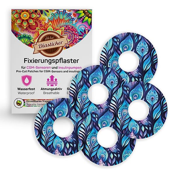 Fixierungspflaster mit Pfauenfeder-Muster und Verpackung. Wasserdicht, atmungsaktiv. Marke Diasticker.