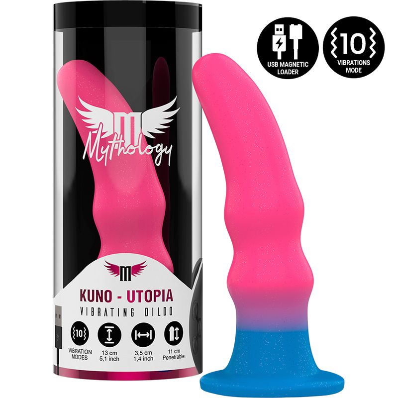 Zweifarbiges Dildo in Verpackung. Kuno Utopia. 10 Vibrationsmodi. Abmessungen: 13cm, 3,5cm.