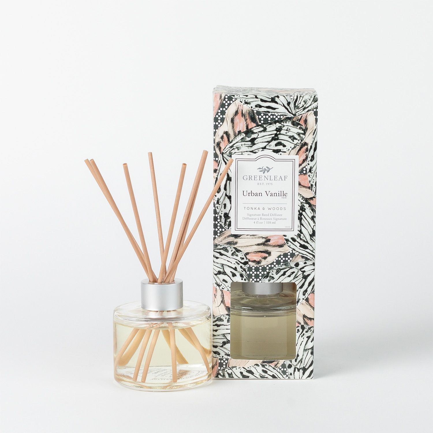 Greenleaf Urban Vanille Reed Diffuser mit 8 Holzstäbchen in einem Glasfläschchen. Beinhaltet eine dekorative Verpackung.