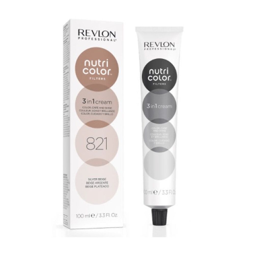 Produktverpackung mit Tube. Aufschrift: Revlon Professional, Nutri Color Filters, 3 in 1 cream, 821.