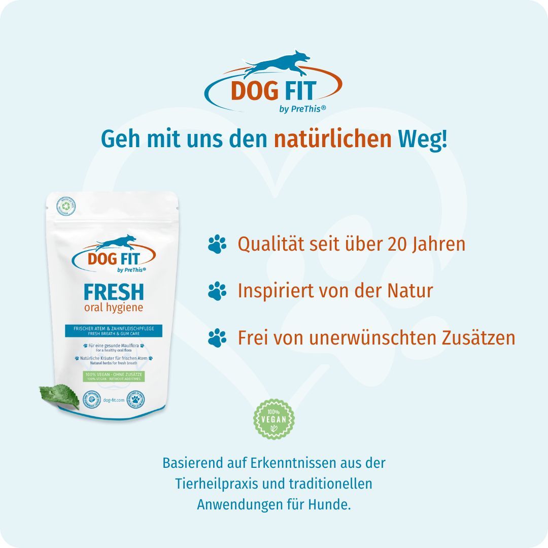 Produktverpackung DOG FIT FRESH, Beutel mit Text und Logo, veganes Siegel, Text: Qualität seit über 20 Jahren.