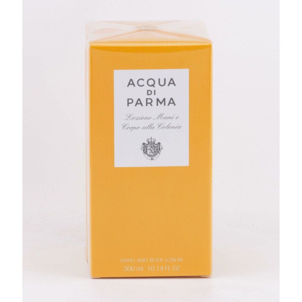 Gelbe Schachtel mit Logo und Text: Acqua Di Parma, Lozione Mani e Corpo alla Colonia, Hand and Body Lotion. 300ml 10.14 fl oz.