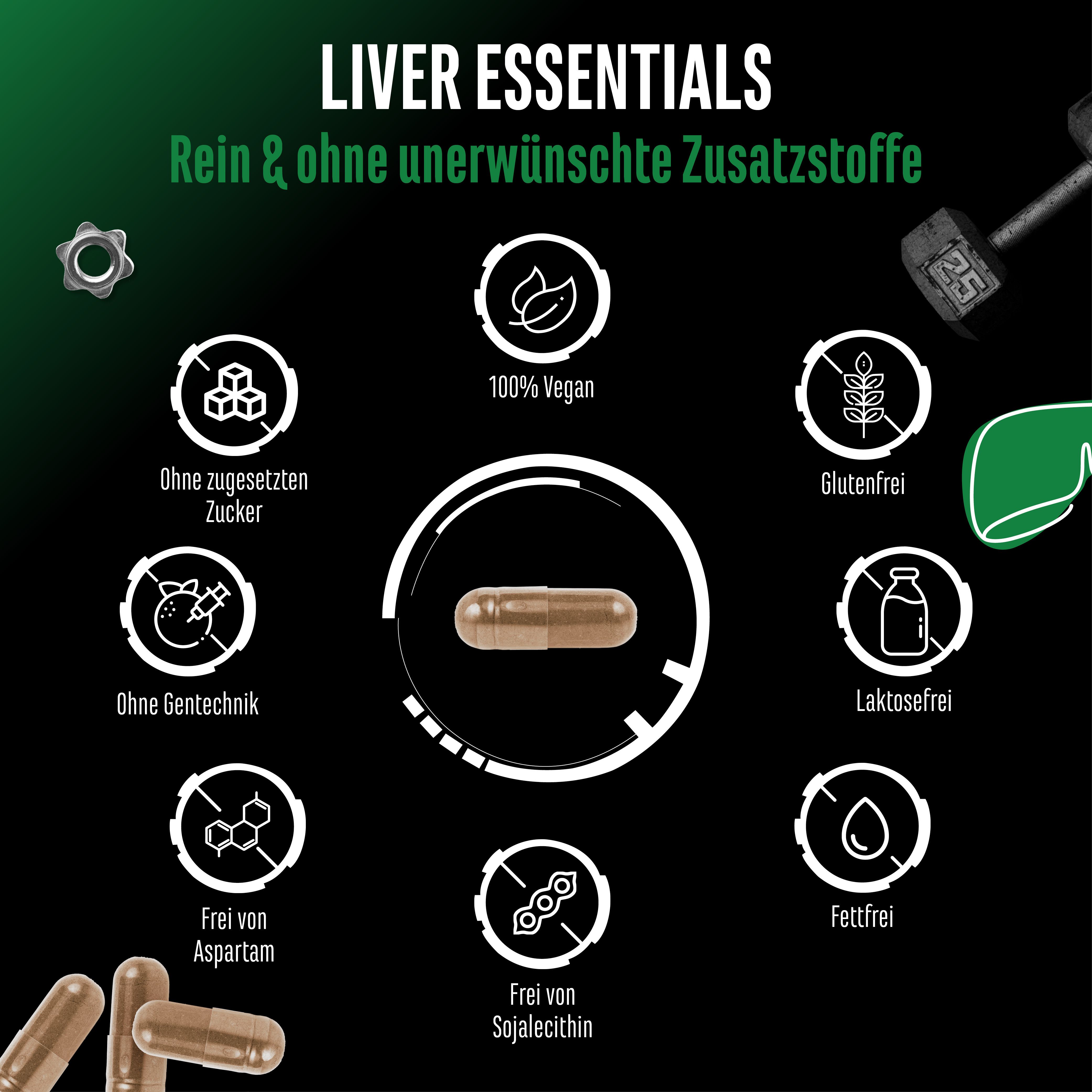 Kapseln und Symbole: 100% vegan, ohne Zucker, ohne Gentechnik, frei von Aspartam, frei von Sojalecithin, glutenfrei, laktosefrei, fettfrei.