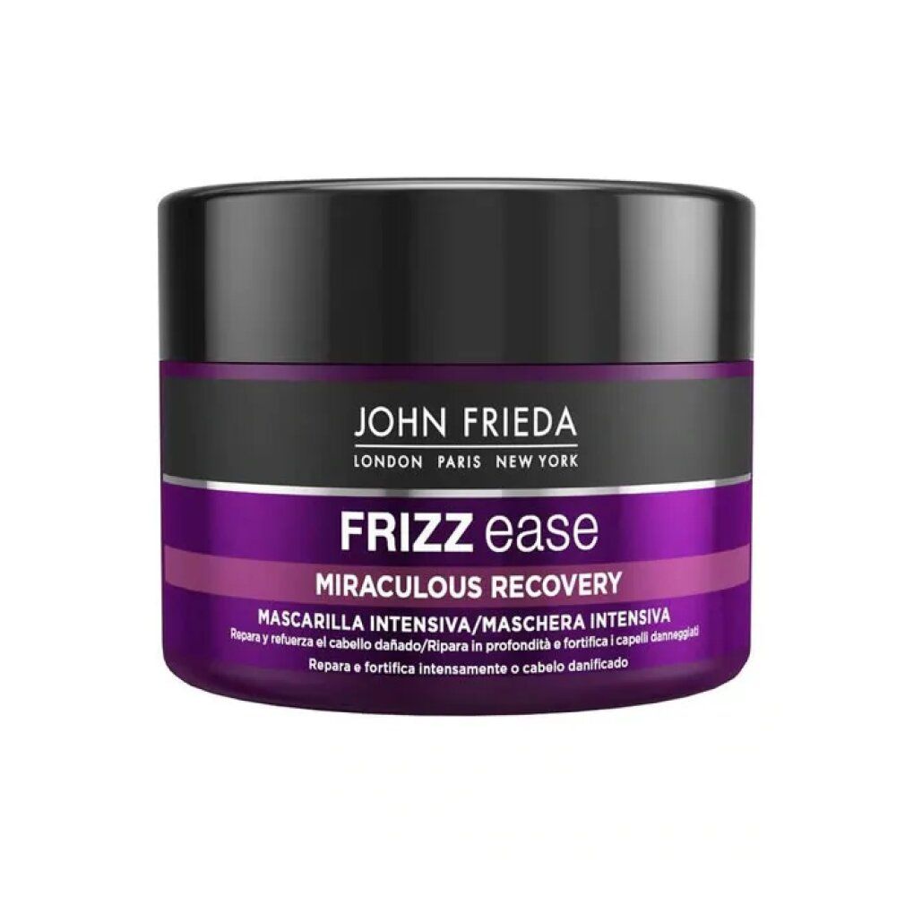 John Frieda Frizz Ease Miraculous Recovery Deep Conditioner. Runde Dose mit schwarzem Deckel und lila Etikett.