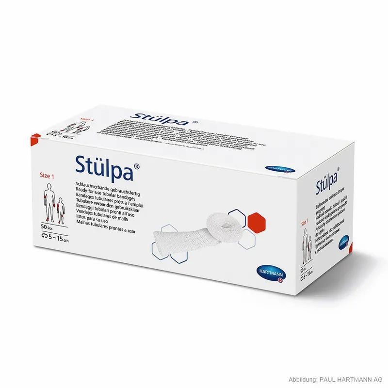 Weißer Karton mit Stülpa-Schlauchverbänden. Enthält Produktnamen, Größenangaben und Piktogramme.