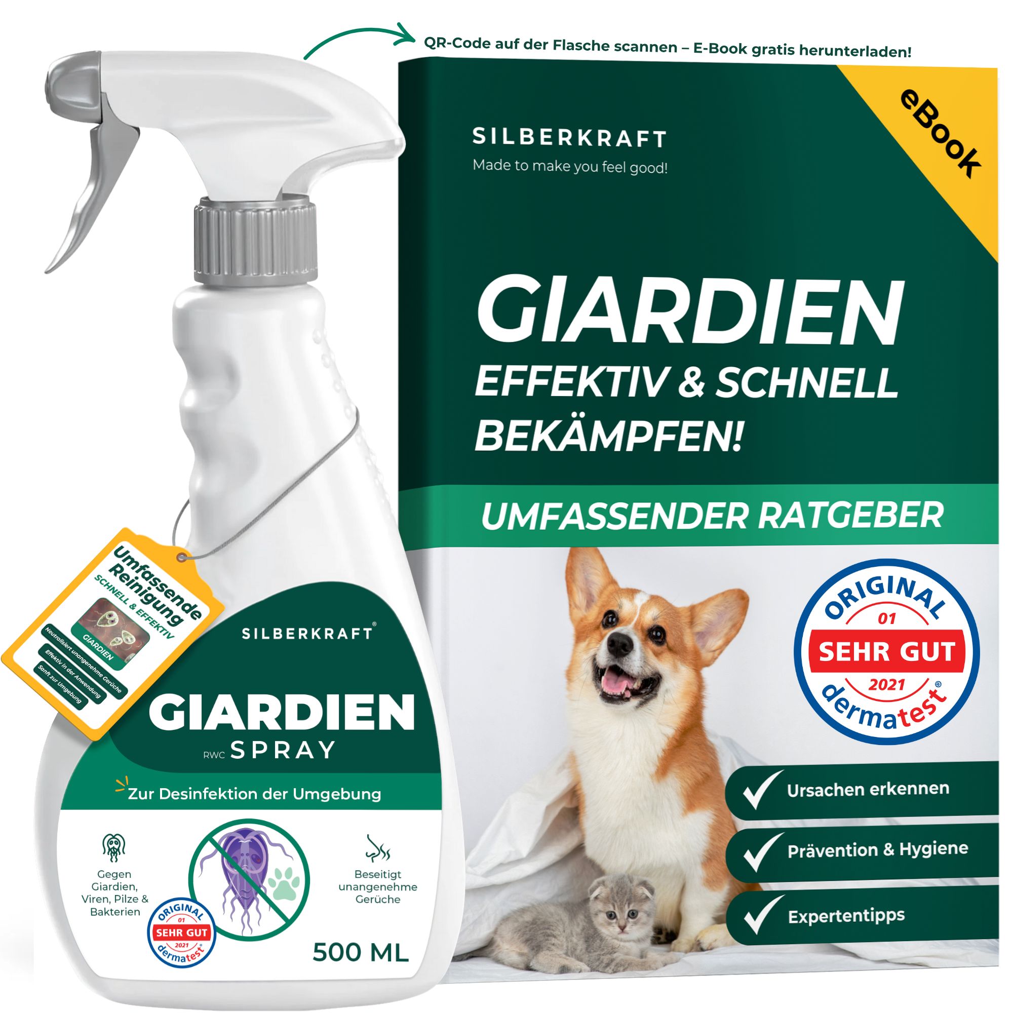 SILBERKRAFT Giardienspray mit eBook. Sprayflasche und Ratgeber mit Hund und Katze. Dermatest-Siegel.
