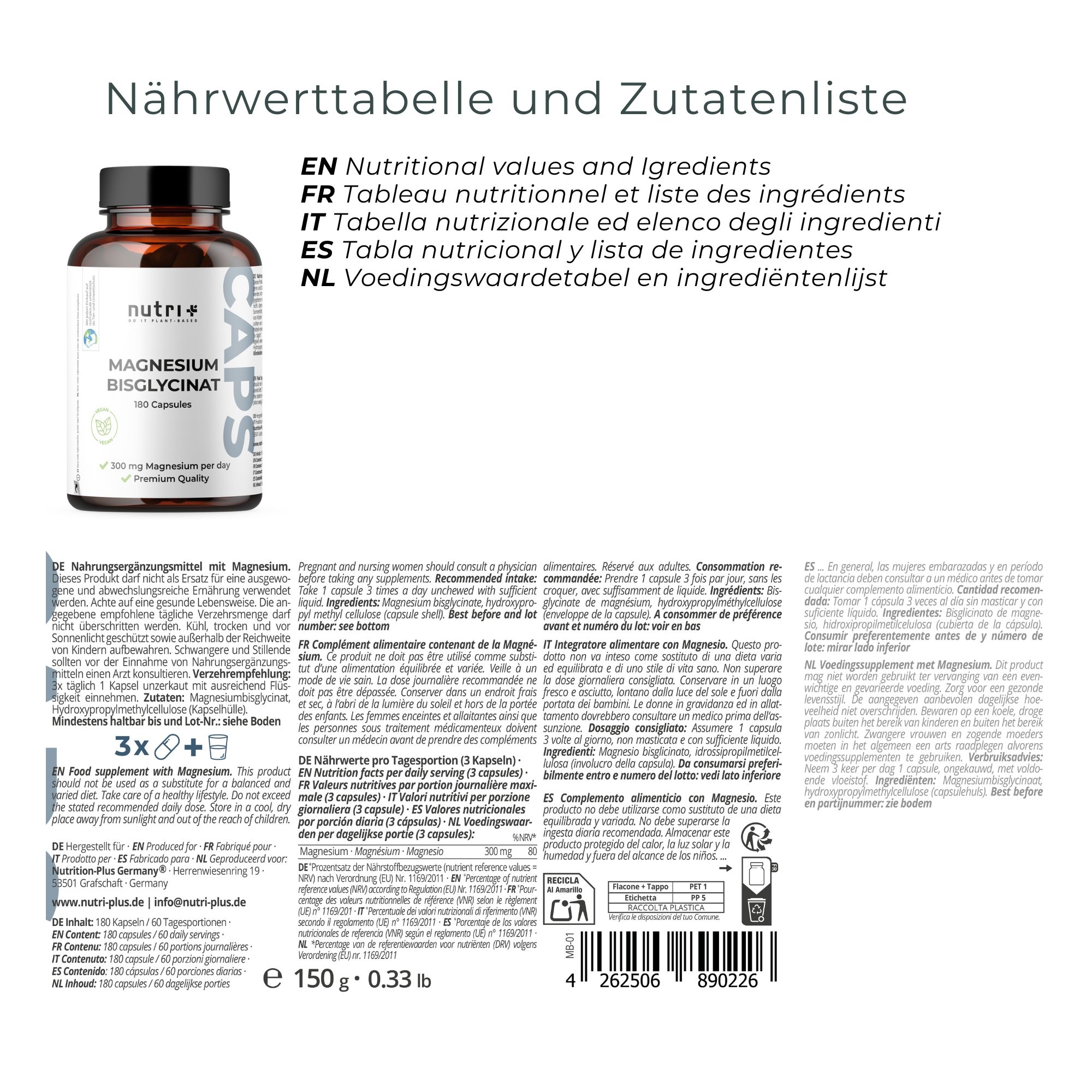 Nährwerttabelle und Zutatenliste in Deutsch, Englisch, Französisch, Italienisch und Niederländisch. Flasche mit Kapseln und Text.