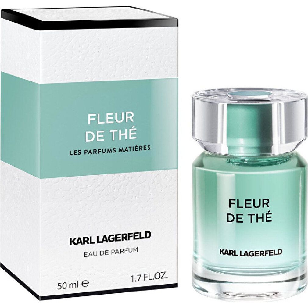 Karl Lagerfeld Fleur de Thé Eau de Parfum Flasche und Verpackung. Flasche mit blauem Duft, weiße Schachtel mit grüner Beschriftung.
