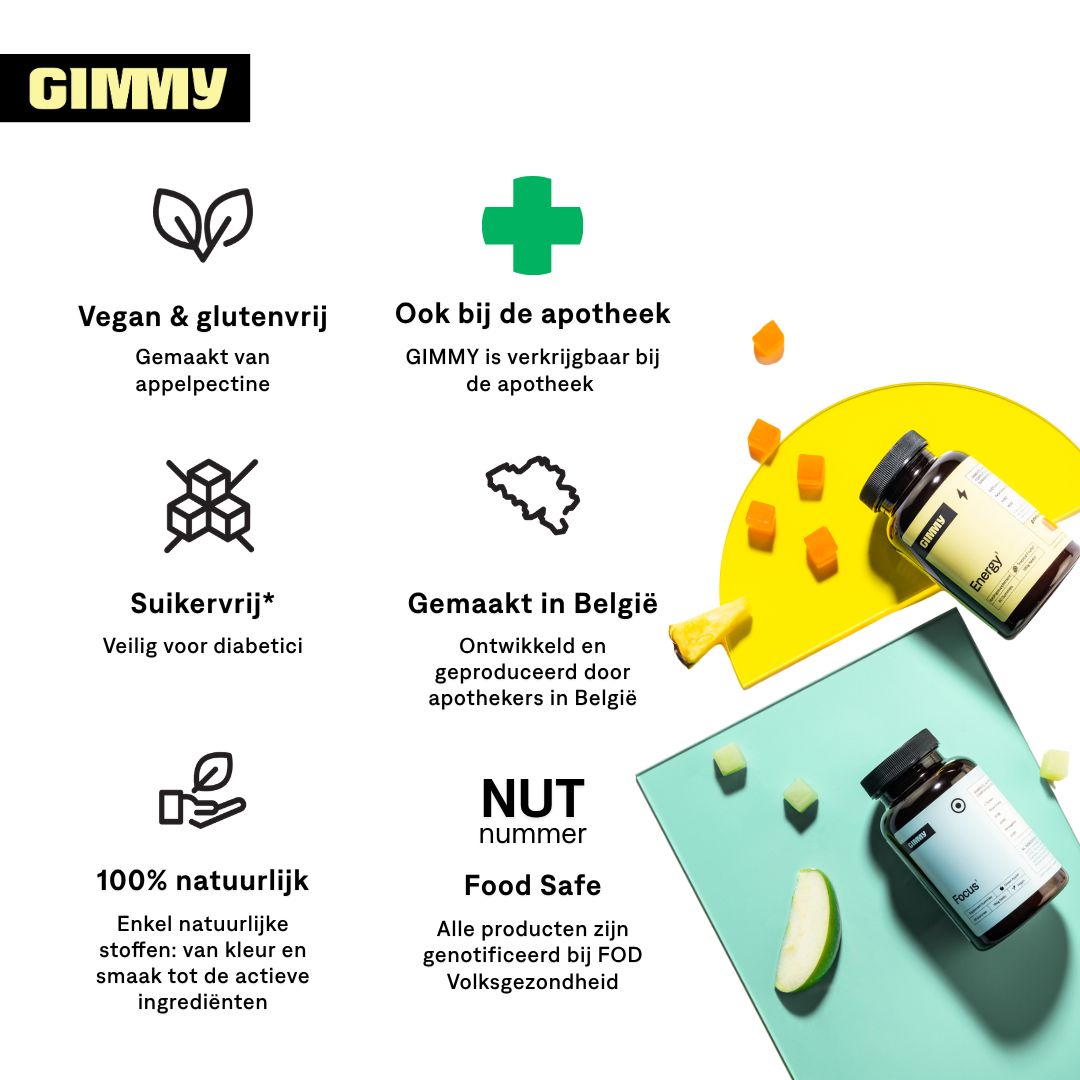 Zwei Flaschen mit schwarzen Deckeln. Eine mit gelbem Etikett, "Energy", die andere mit weißem Etikett, "Focus". Logos und Text.