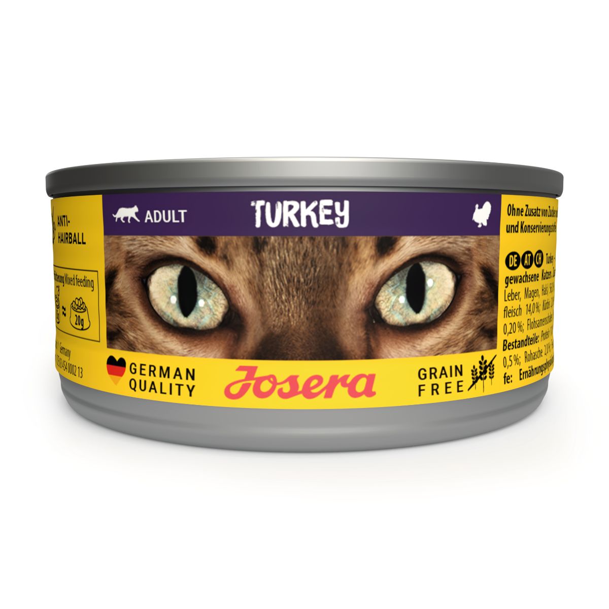 Katzenfutterdose mit "Turkey"-Aufdruck. Gelbes Etikett mit "JOSERA"-Logo und Katzenaugen. "Grain Free" und "German Quality".