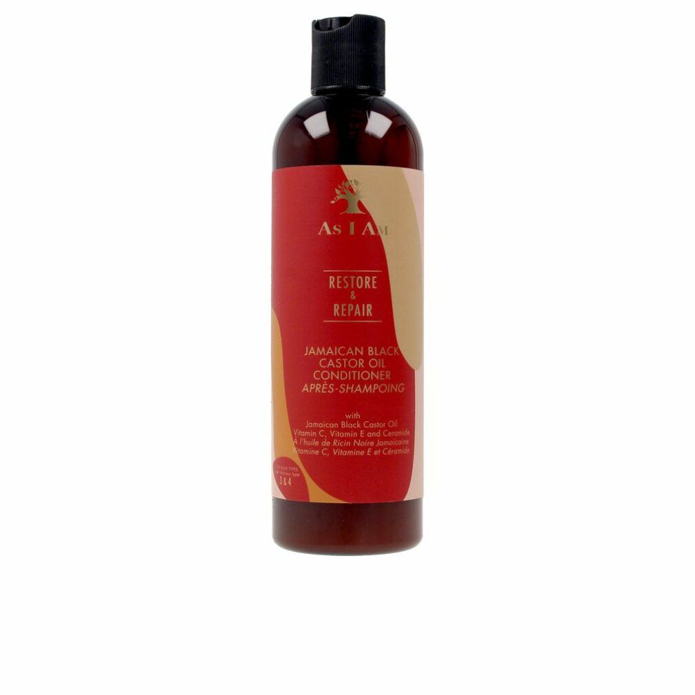 Flasche mit rotem Etikett. Aufschrift: As I Am, Restore & Repair, Jamaican Black Castor Oil Conditioner.