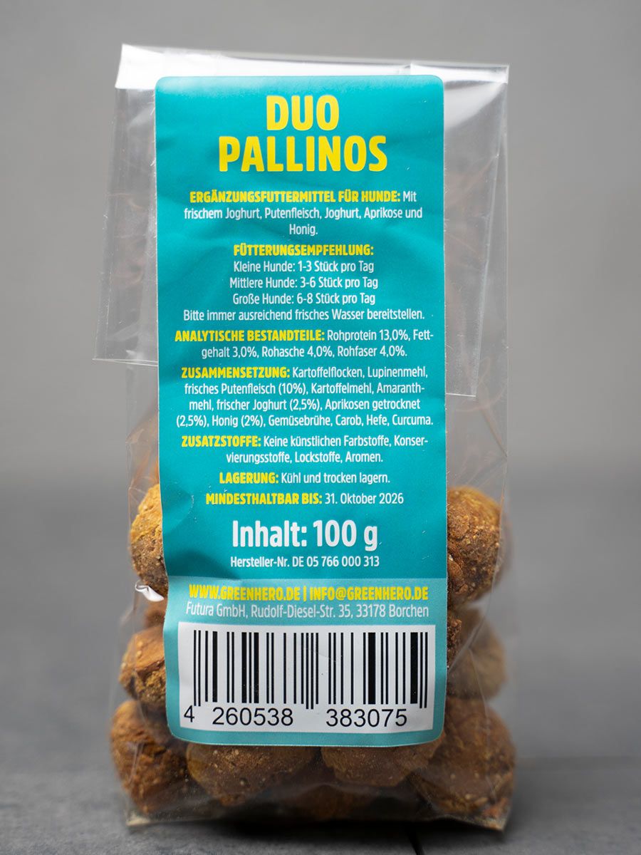 Rückseite der Verpackung mit Produktinformationen. Text: "Duo Pallinos". Angaben zu Inhaltsstoffen, Fütterungsempfehlung und Mindesthaltbarkeit.