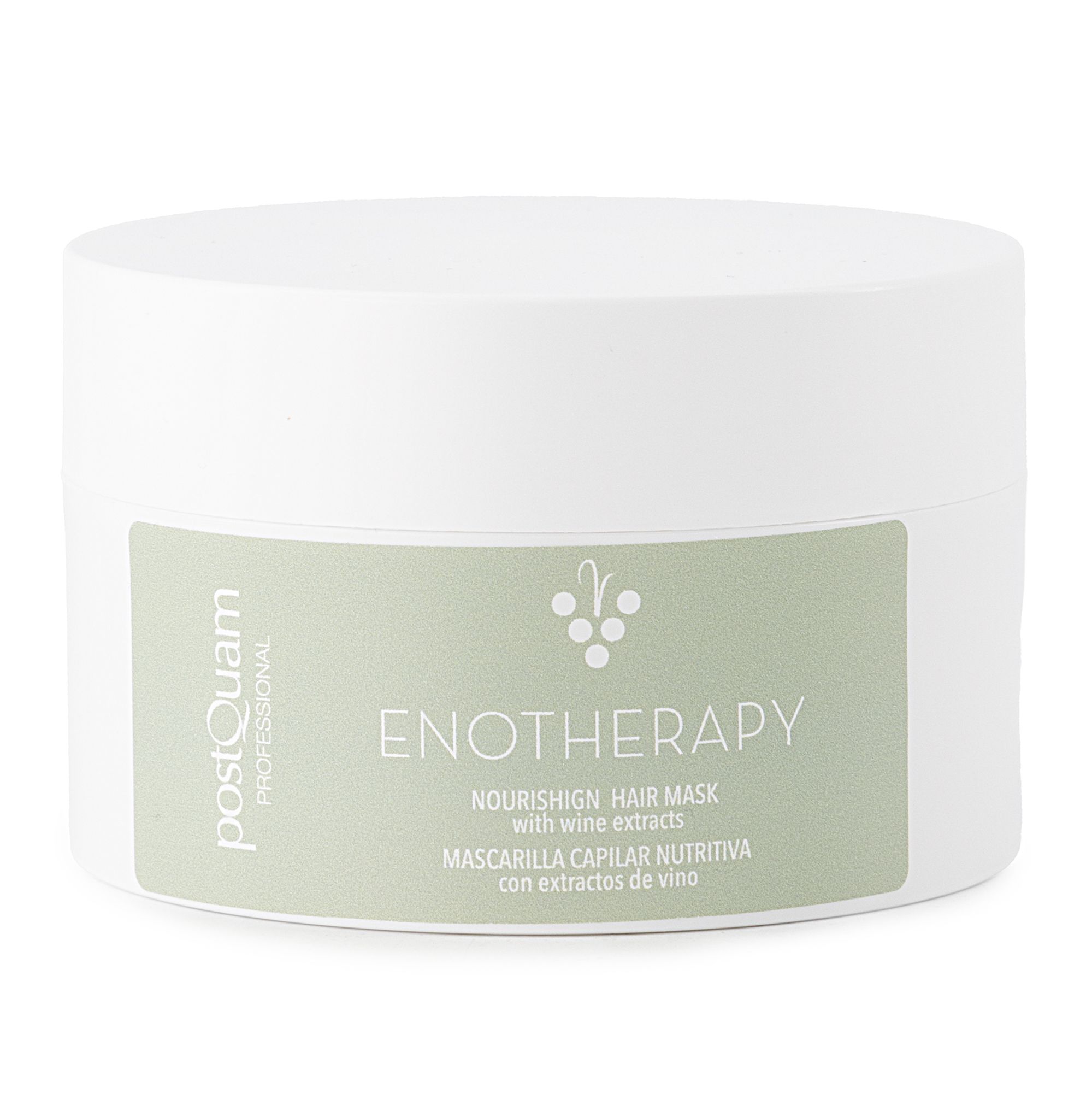 Weißer Tiegel mit Haarmaske. Aufschrift: Postquam, Enotherapy, Nourishing Hair Mask.