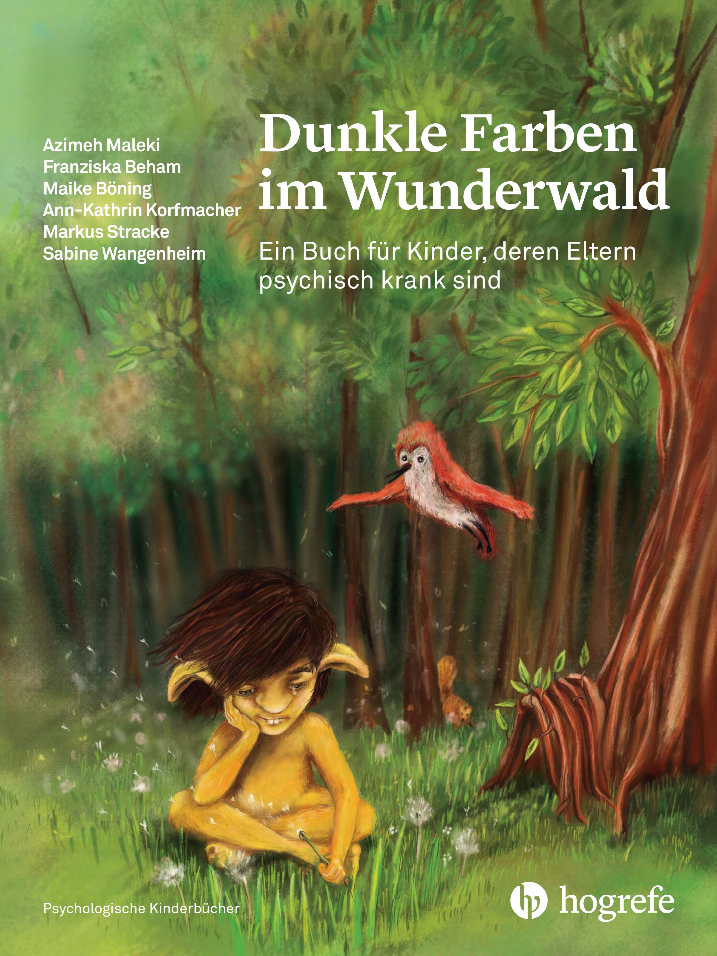 Buchcover mit Titel "Dunkle Farben im Wunderwald". Illustration: Kind im Wald, Vogel, Bäume. Verlag Hogrefe.