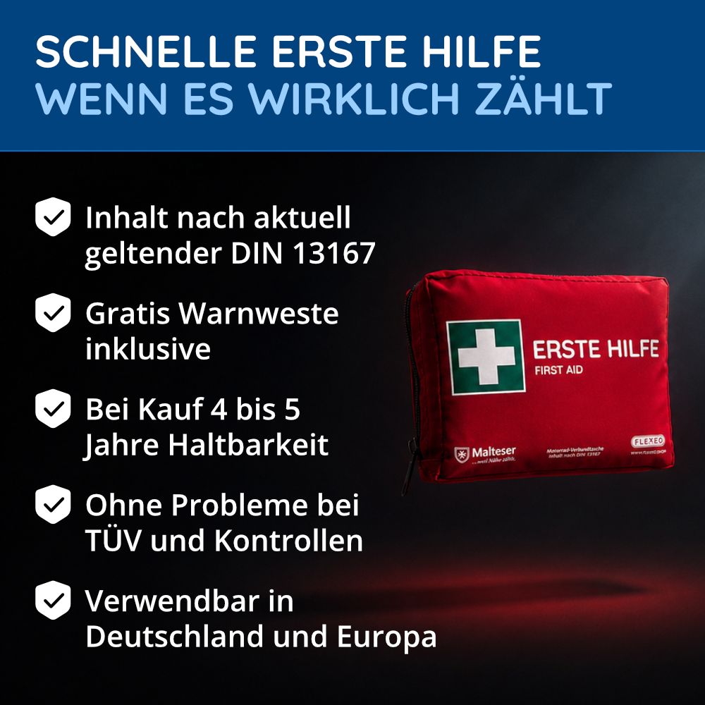 Rotes Erste-Hilfe-Set mit Aufdruck 'ERSTE HILFE' und Malteser-Logo. Text: Schnelle Erste Hilfe, Inhalt nach DIN 13167, Gratis Warnweste.