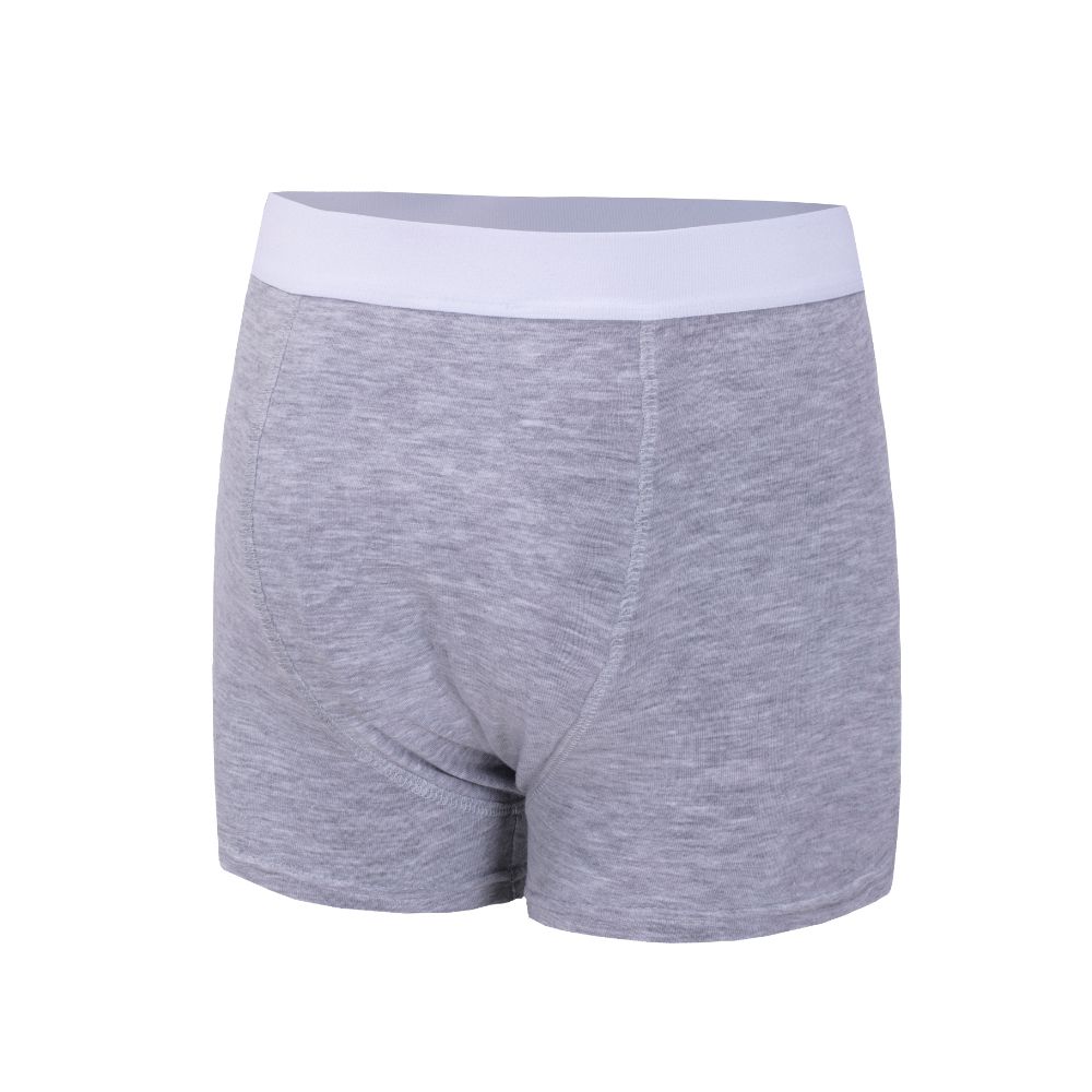 Graue Inkontinenzhose für Jungen. Weißer Bund. Kurze Form. Aus Stoff.