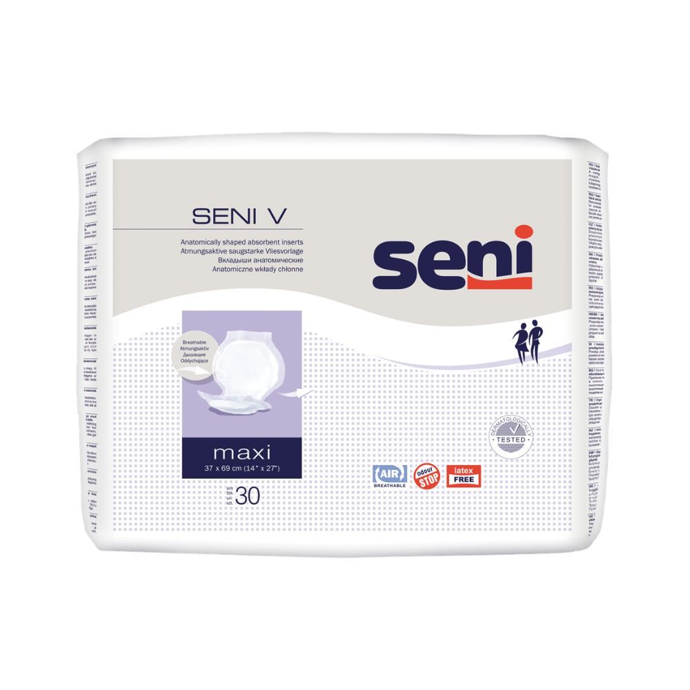 Verpackung Seni V Maxi. Anatomisch geformte Einlagen. 30 Stück. Marke Seni. Mit Air-System und Latex-Free.