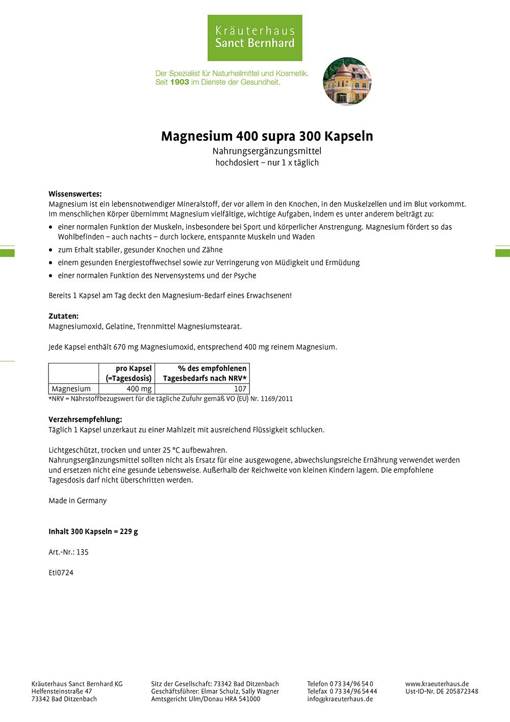 Produktinformationen zu Magnesium-400-supra Kapseln. Text mit Inhaltsstoffen, Anwendungshinweisen und Herstellerdetails.