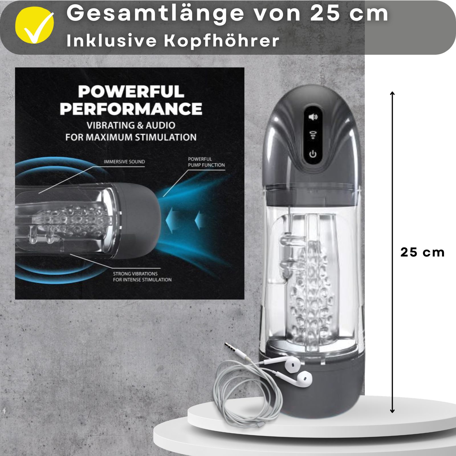 Masturbator mit Text: 25 cm Gesamtlänge, inklusive Kopfhörer. Diagramm mit Funktionen.