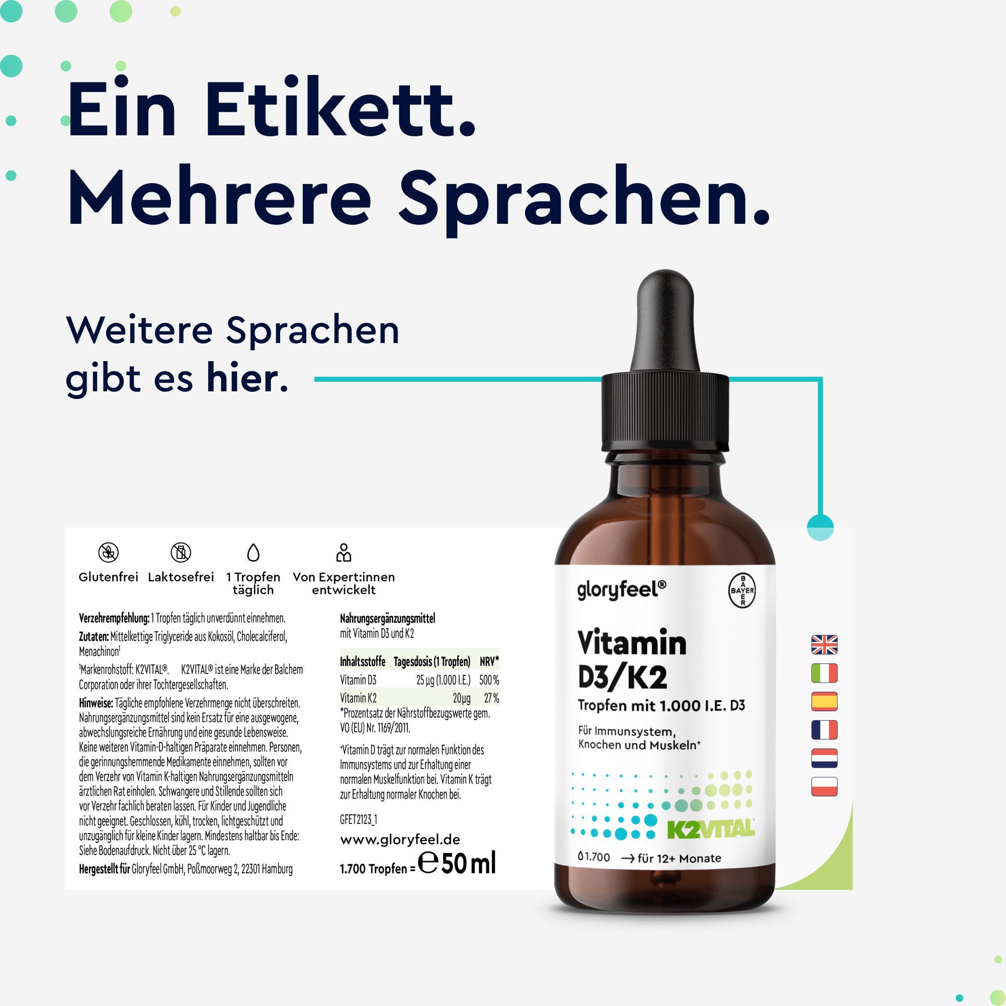 gloryfeel® Vitamin D3 K2 (K2VITAL® von Kappa) Tropfen