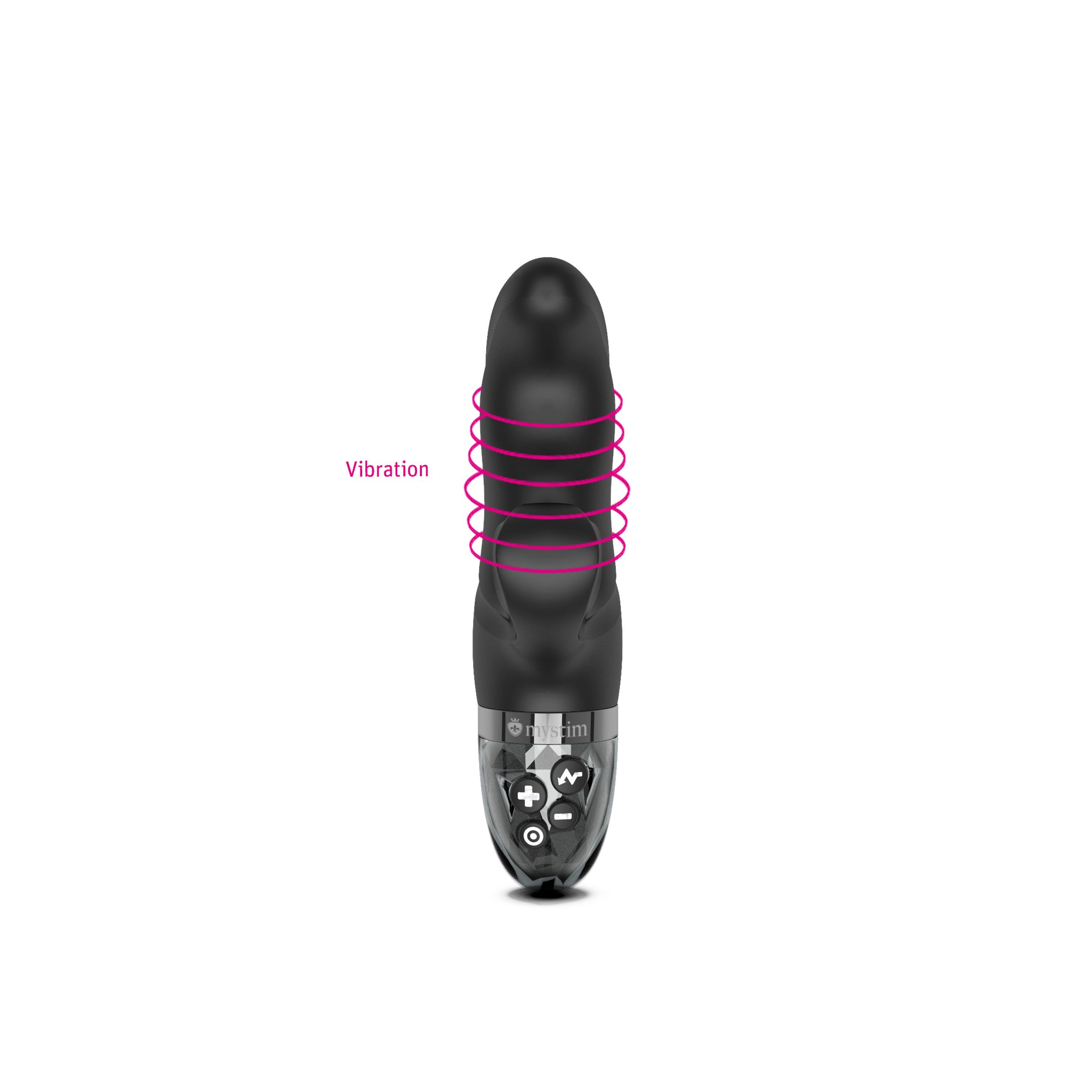 Schwarzer Vibrator mit Vibrationsanzeige. Transparente Basis mit Bedienelementen.