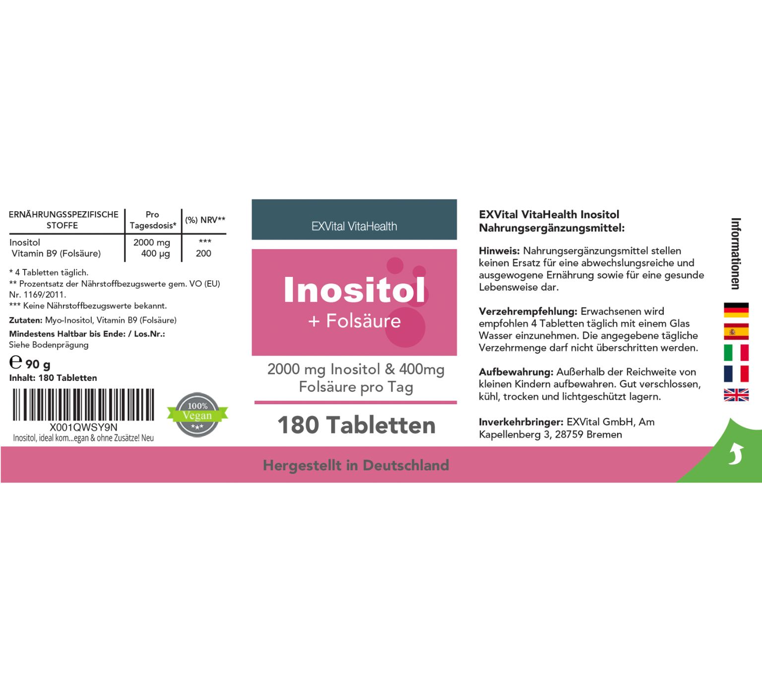 Etikett von EXVital Inositol + Folsäure, 180 Tabletten. Enthält Nährwertangaben und Inhaltsstoffe.